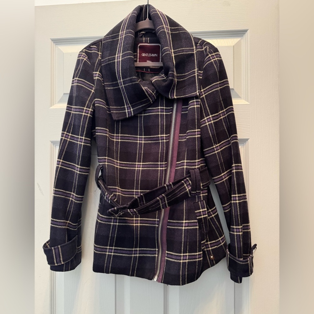 Gentle Fawn Plaid Trench Coat - Black and Purple